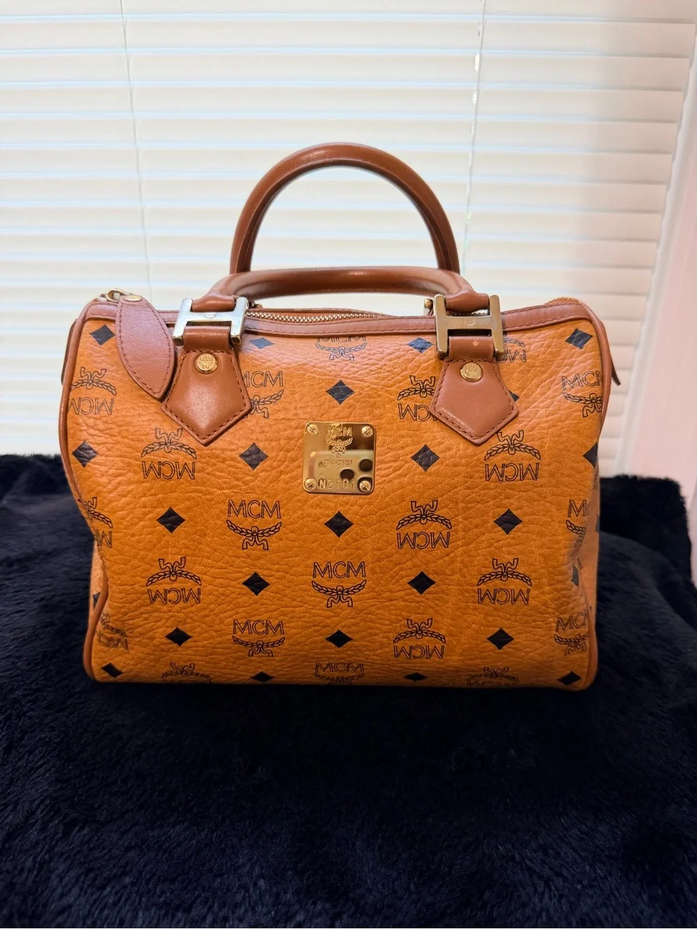 MCM Cognac Visetos Logo Satchel with Gold Hardware
